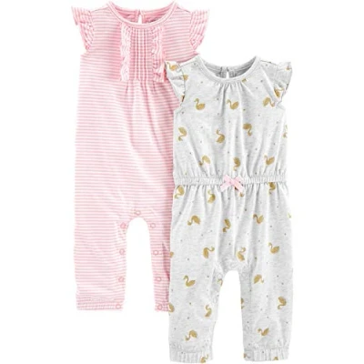 Immagine di Simple Joys by Carter&#039;s 2 Pack Fashion Jumpsuits Infant And Toddler Rompers, Grigio Cigni/Rosa Righe, 18 Mesi (Pacco da 2) Bimba