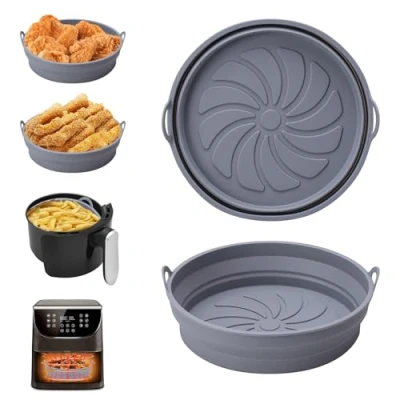 Immagine di Alyvisun 2 Pezzi Accessori in Silicone per Air Fryer Teglie Friggitrice ad Aria Contenitori Cestello Riutilizzabile Rotondo Tappetino Stampi Airfryer, Microonde, Forno (Grigio)