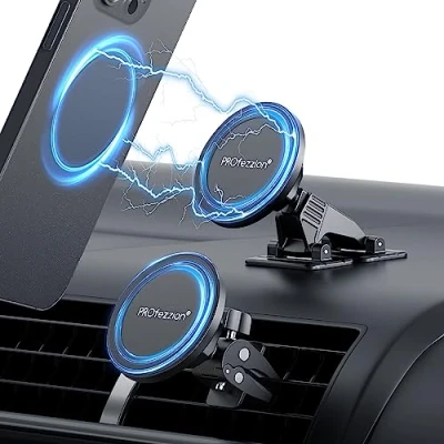 Immagine di PROfezzion Supporto per Cruscotto e Presa d&#039;Aria Telefono in Auto Mag Safe, Magnetico iPhone 16 Plus Pro Max &amp; 15 14 13 12,con Adesivo 3M Anello Metallo
