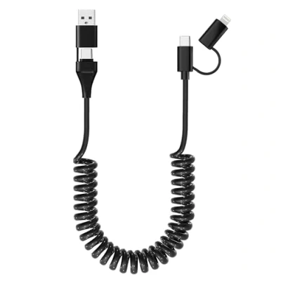 Immagine di Cavo iP hone e Android 4 in 1 Spirale Compatibile con Carplay Auto[60W PD Charge MFI Dati]Cavo di Ricarica Corto Combinato TipoC/Lightning/USB A per Pad Laptop