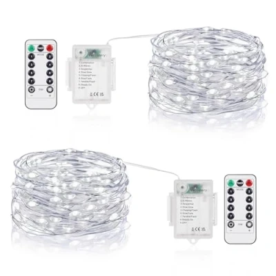 Immagine di Vacoulery Stringa Luci Led a Batteria, 5M 50 LEDs 8 Modalità Lucine Decorative IP65 Impermeabile con Telecomando, Timer e Dimmer per Interni Esterni, Natale, Feste (2 Pezzi, Bianco Freddo)