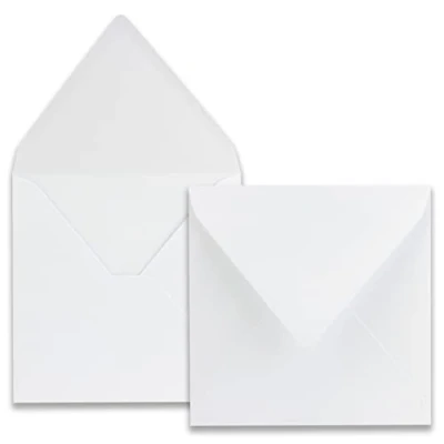 Immagine di 50 buste quadrate, colore: bianco, formato: 16,5 x cm, grammatura: 120 grammi al m², incollaggio a umido con patta appuntita