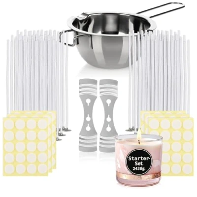 Immagine di com four® Set per Realizzare 120 Candele Include stoppini, crogiolo, Porta stoppino e Adesivi, Perfetto Creare Fai da Te (243 Pezzi Iniziale)