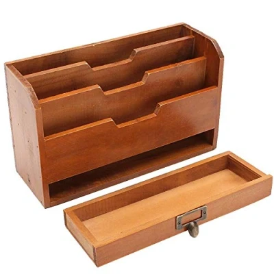 Immagine di Lemby Portadocumenti in Legno a 3 Ripiani, Organizer da scrivania Stile retrò, con cassetto per Documenti, Lettere, riviste, Documenti