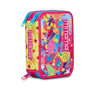 Immagine di Mitama Astuccio Scuola 3 Scomparti, BUTTERFLY, Contenuto 47 pz, Completo di Matite, Pennarelli, Portapenne Elementare Bambina