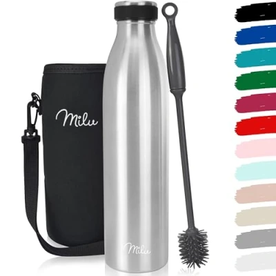 Immagine di Milu Thermos in Acciaio Inox da 350/500/750/1000ml/1,5L Borraccia Termica, a Prova di perdite, Doppia Parete, Adatta per Bevande gassate, con Spazzola la Pulizia (Argento, 750ml)
