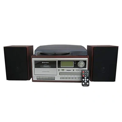 Immagine di Roadstar HIF 8892EBT Mini Hi Fi Music System Giradischi 33/45/78 giri, Radio digitale PLL FM, Lettore CD MP3, Cassetta, Bluetooth, Funzione di Registrazione USB, Scheda SD, Telecomando, Legno