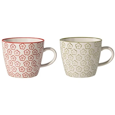 Immagine di Bloomingville Tazze con Manici Isabella da caffè Mug tè al Latte per Ufficio e Cucina ø 9,5 x H 8 cm, Rosso Verde, Ceramica Gres, Set 2, capacità 280 ml
