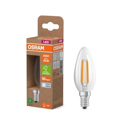 Immagine di OSRAM Energy Class nella classica forma mini candela, 3,8 W / 806 lm, EEK A, luce bianca fredda (4000 K), CRI 80, in vetro senza piombo di colore trasparente, attacco E14, IP20, diametro 35 mm.