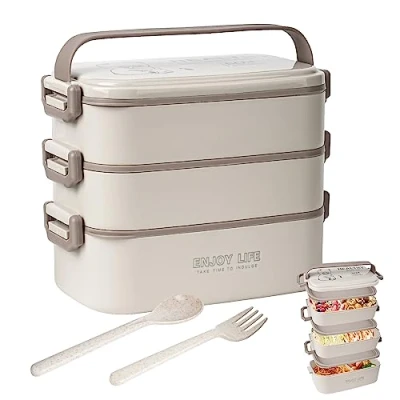 Immagine di 2700 ml Sacco per il pranzo a 3 Strati con Forchetta e Cucchiaio, Contenitore Pranzo, la Preparazione dei Pasti StudentiAdulti Microonde Lavabile in Lavastoviglie Khaki