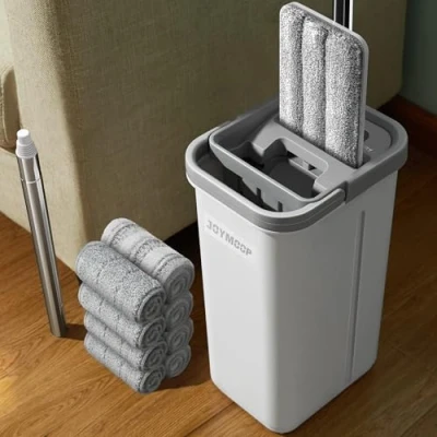 Immagine di JOYMOOP mocio e secchio con strizzatore, piatto a testa piatta, per polvere pulizia pareti manico lungo, uso bagnato asciutto in microfibra la dei pavimenti