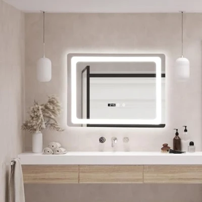 Immagine di pro.tec Specchio LED da Parete Rettangolare Bagno Antiappanamento Display Orologio Luce Bianca Regolabile con Sensore Tattile 60 x 90 cm Cornice Argentata
