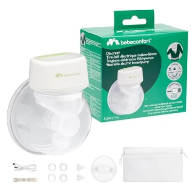 Immagine di Bebeconfort Discreet, Tiralatte Elettrico Indossabile, Portatile a Mani Libere, 3 Modalità, 15 Intensità, Batteria Lunga Durata, Contenitore Grande da 210 ML