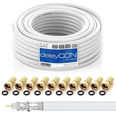 Immagine di deleyCON 10m Cavo Coassiale SAT HQ 130dB con Schermatura Quattro DVB S/S2 T C BK HDTV 4K 1080p Full HD + 10 Connettori F Dorati