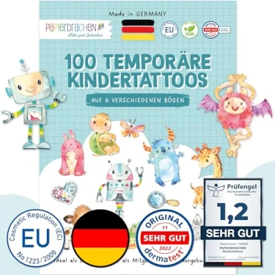 Immagine di Papierdrachen 100 tatuaggi per bambini, particolarmente delicati sulla pelle, robot e mostri, come regalo di compleanno, 100% vegano, testati realizzati in Germania, Set 30