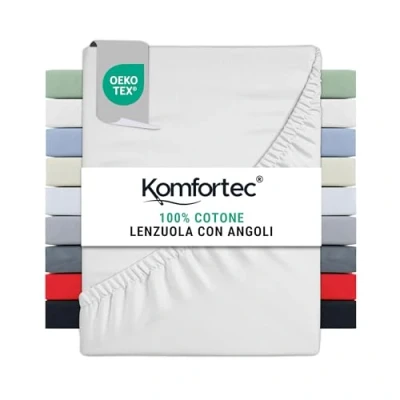 Immagine di Komfortec Lenzuolo con angoli elasticizzati, 160 x 200 cm, 100% cotone, Bianco