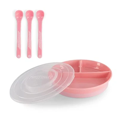 Immagine di Twistshake Set Di Stoviglie Per Bambini Piatto Diviso + 3 Posate a Cucchiaio Senza BPA Kit L&#039;addestramento Alimentare Dei Rosa