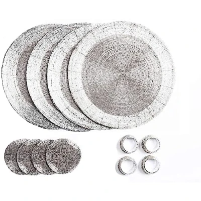 Immagine di Penguin Home® Set di 12 tovagliette, sottobicchieri e portatovaglioli con perline in vetro, colore argento, tovagliette rotonde, realizzate a mano da abili artigiani indiani, diametro 32 cm