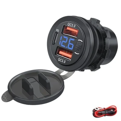 Immagine di Intckwan Presa usb 12v Impermeabile, 66W, PD e QC3.0, Auto con Interruttore Voltmetro a LED, da Incasso 12 24v per Roulotte Camper Moto Barche Camion