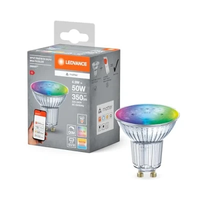 Immagine di Ledvance Lampada Led Smart+ Matter con Riflettore Attacco Gu10, Vetro, 4,9W, 350Lm, Luce Colorata e Bianca, Compatibile Google, Alexa, Apple, App o Controllo Vocale, Durata Fino a 20.000 Ore