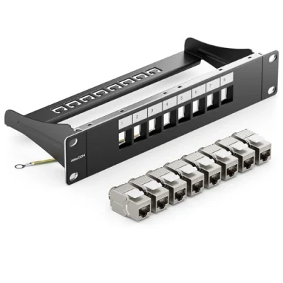 Immagine di deleyCON 8 Porto Pannello Delle Patch Set Modulare 1 IU 10&quot; Pollici Montaggio Rack + 8x RJ45 Keystone Moduli CAT6a Compatibile con CAT5 CAT6 CAT7 LAN Cavi di Rete Posa Nero