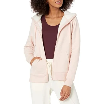 Immagine di Amazon Essentials Giacca con Cappuccio a Cerniera Intera in Pile Foderata Sherpa (Taglie Forti Disponibili) Donna, Rosa Chiaro, S