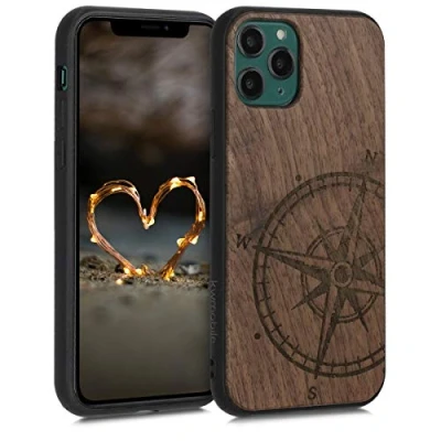 Immagine di kwmobile Custodia Compatibile con Apple iPhone 11 Pro Cover Back Case in Legno Bumper Silicone TPU Bussola vintage marrone scuro
