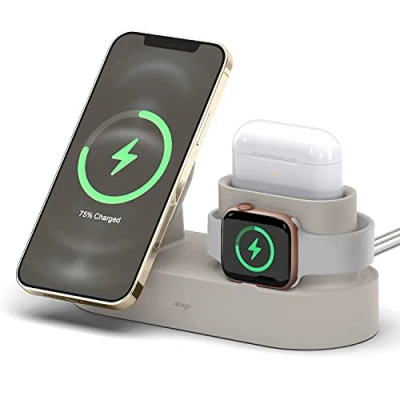 Immagine di elago Stazione MS Trio 2 Compatibile con Magsafe, iPhone Serie 16/15/14/13/12, Tutte le Apple Watch, AirPods 4/3 e Pro 2/1 [Caricatore escluso] (Pietra)