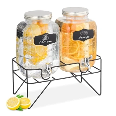 Immagine di Relaxdays 2 Dispenser in Vetro per Bevande, Erogatore da 4 L con Rubinetto e Supporto, Distributore Acqua Limonate