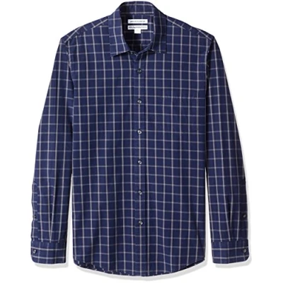 Immagine di Amazon Essentials Camicia in Popeline A Maniche Lunghe Slim Uomo, Blu Marino Quadri, XL