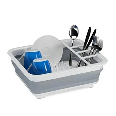 Immagine di Relaxdays Scolapiatti Pieghevole, Piatti &amp; Posate, Gocciolatoio da Cucina Campeggio, Silicone, Plastica, Bianco Grigio
