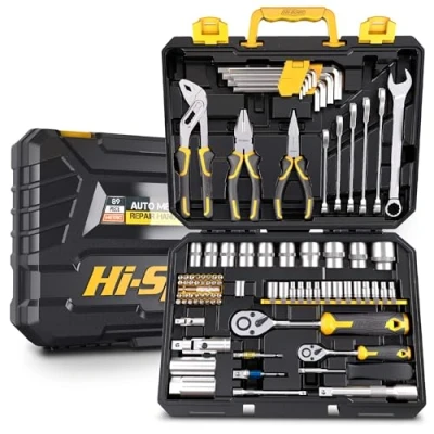 Immagine di Hi Spec Set di attrezzi da 87 pezzi meccanico per casa &amp; garage. completo utensili manuali fai te officina, manutenzione completa auto, moto e casa. Tutto in una cassetta