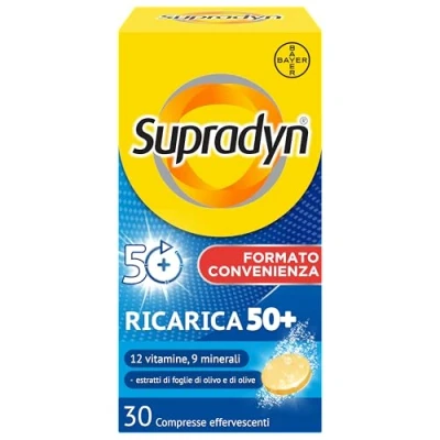 Immagine di Supradyn Ricarica 50+ Integratore Multivitaminico Completo Vitamine E Minerali Con Vitamina B12, C, D, Zinco Per Stanchezza Fisica Concentrazione Dai 50 Anni Uomo Donna, 30 Compresse Effervescenti
