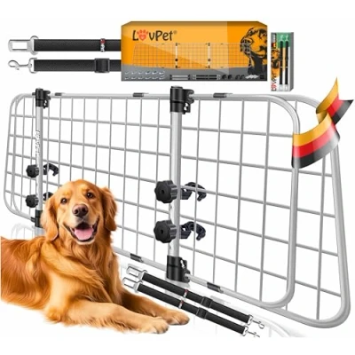 Immagine di Lovpet® Dog Guard Car, divisorio per Auto Universale, Regolabile in Larghezza, poggiatesta, portabagagli, Dimensioni HxW 30 x 91 153 cm + 2X Cinghia di Sicurezza Cani, Nero