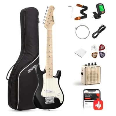 Immagine di Donner Kit per principianti chitarra elettrica da 30 pollici, ST Style Mini Bundle con amplificatore, sintonizzatore, capo, borsa, cinghia, corda, cavo (DSJ 100, nero)