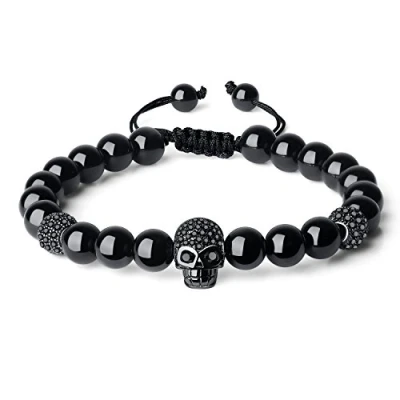 Immagine di COAI Bracciale da Uomo con Perle in Tormalina Nera e Amuleto Teschio Zirconi, Regolabile di Ispirazione Shamballa Pietre Naturali