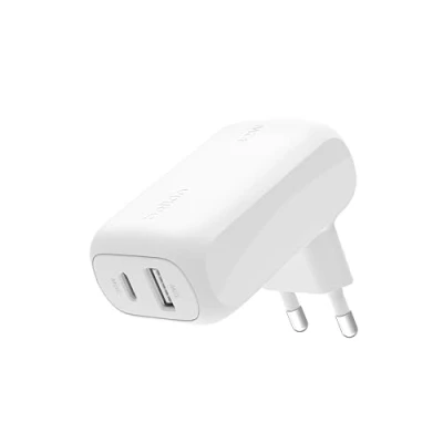 Immagine di Belkin BoostCharge doppio caricatore USB da parete 42 W, ricarica rapida C + A per iPhone 15/15 Plus/15 Pro/15 Pro Max/14/14 Max/ 13/Galaxy S24, Plus, Ultra/iPad/AirPods e altri, bianco
