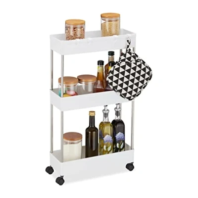 Immagine di Relaxdays Mobile Salvaspazio, Scaffale su Ruote con 3 Ripiani, per Bagno &amp; Cucina, Carrello 70 x 15,5 40,5 cm, Bianco, Acciaio Inossidabile