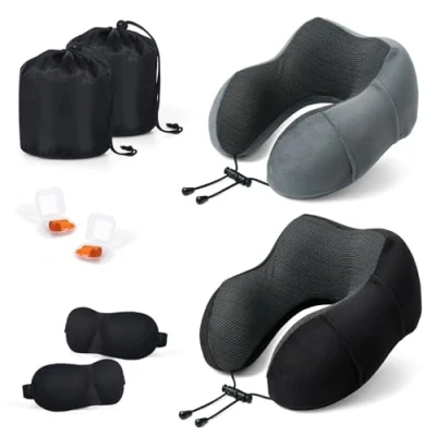 Immagine di SOMLAW Cuscino da Viaggio, Set di 2 Collo Memory Foam, Cervicale Viaggio Portatile, Perfetto per Aereo Auto Ufficio, Inclusa Maschera Dormir, Borsa Trasporto