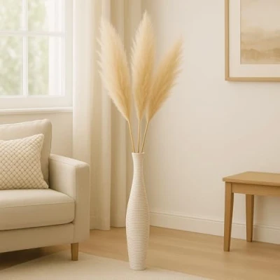 Immagine di Leewadee Grande Vaso Da Terra: Alto Stile Boho In Legno Di Mango Per Rami Pampa, 70 cm, White Wash