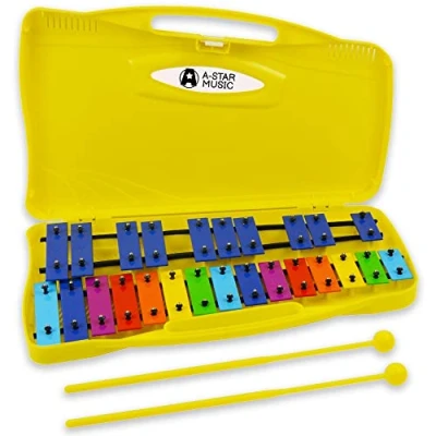 Immagine di a Star Xilofono Glockenspiel cromatico soprano con chiave arcobaleno colorato 25 note in custodia gialla due battitori plastica 2 ottave da G5 G7
