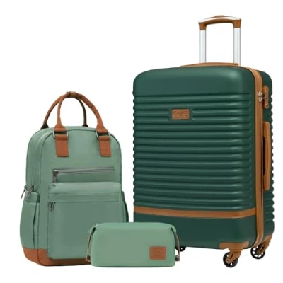 Immagine di COOLIFE Set Valigie,Set di Valigie,Trolley da viaggio con 4 Rotelle Girevoli a 360 TSA Serratura 1 zaino e Borsa toilette Incluso (Albicocca/Verde Scuro, valigie 3pzs (24&quot;))
