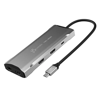 Immagine di j5create USB C 4K Triple Display Hub HDMI x2, DP, 2 A e 10Gbps, PD 100W, Ethernet, lettore di schede SD 4.0 per XPS, Surface Pro (JCD397)