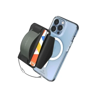 Immagine di Sinjimoru [2022 Updated] iPhone 14 Magnetic Phone Wallet for MagSafe, Card Holder with Cell Kickstand &amp; Grip Strap 12 13 Series. M BGrip Olive Grey