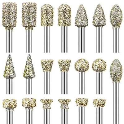 Immagine di Set Punte Diamantata per Pietra, Frese Diamantate Montate Abrasive con 1/8 pollici(3 mm) Gambo Utensili Rotanti Intagliare Rettifica fai da te, Lucidatura, Incisione(20 pezzi)
