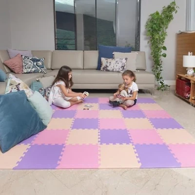 Immagine di MioTetto Tappetino da gioco per bambini in morbida schiuma atossica pavimento colorato piccoli con 36 quadrati Piastrelle ad incastro EVA, crema grigio beige,