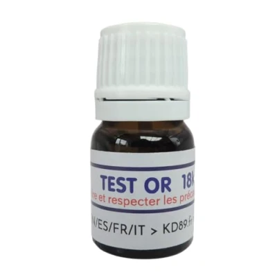 Immagine di KD89 Test reattivo/soluzione per testare oro, argento o platino, con istruzioni multi lingue, competenza gioielli, monete, lingottini, 2,5 ml (18 k)