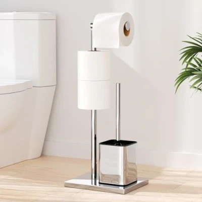 Immagine di Porta Carta Igienica da Terra con Scopino Acciaio Inox Piantana Portarotolo Cartaigienica Spazzolino WC Senza Forare, in Piedi (Argento Lucido)