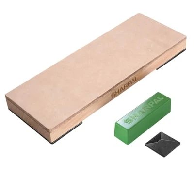 Immagine di SHARPAL 204N kit coramella in pelle (200 mm x 76 mm) con 55 g di pasta lucidante verde e guida angolare, blocco coltelli per affilare levigare coltelli, set pietre