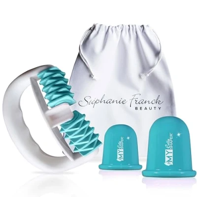 Immagine di Stephanie Franck Beauty Pack N1 include 1 Rullo Massaggiante per il Corpo My Body Shaper, 2 Copette Silicone Massaggio Cellu Shaper (5,5 cm e 7 cm) astuccio in cotone turchese